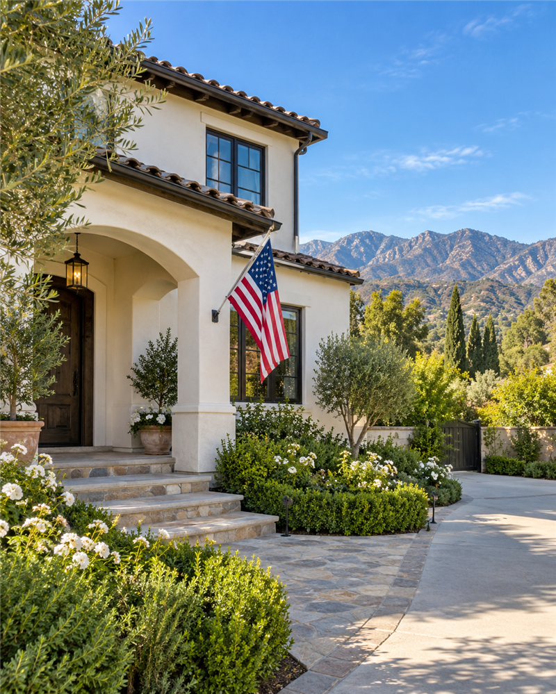 Southern California home with landscaped entry, foothill views and an American flag